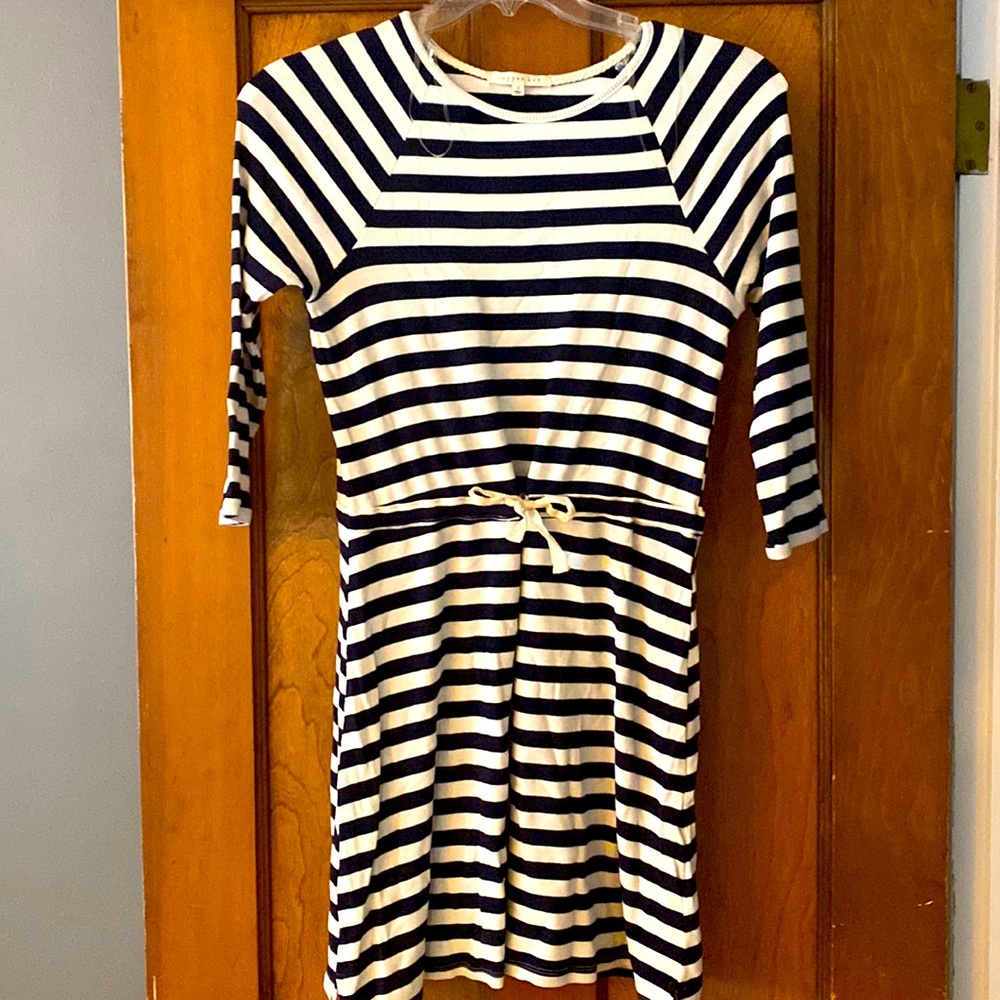 Women’s navy blue and white striped quarter length sleeve dress